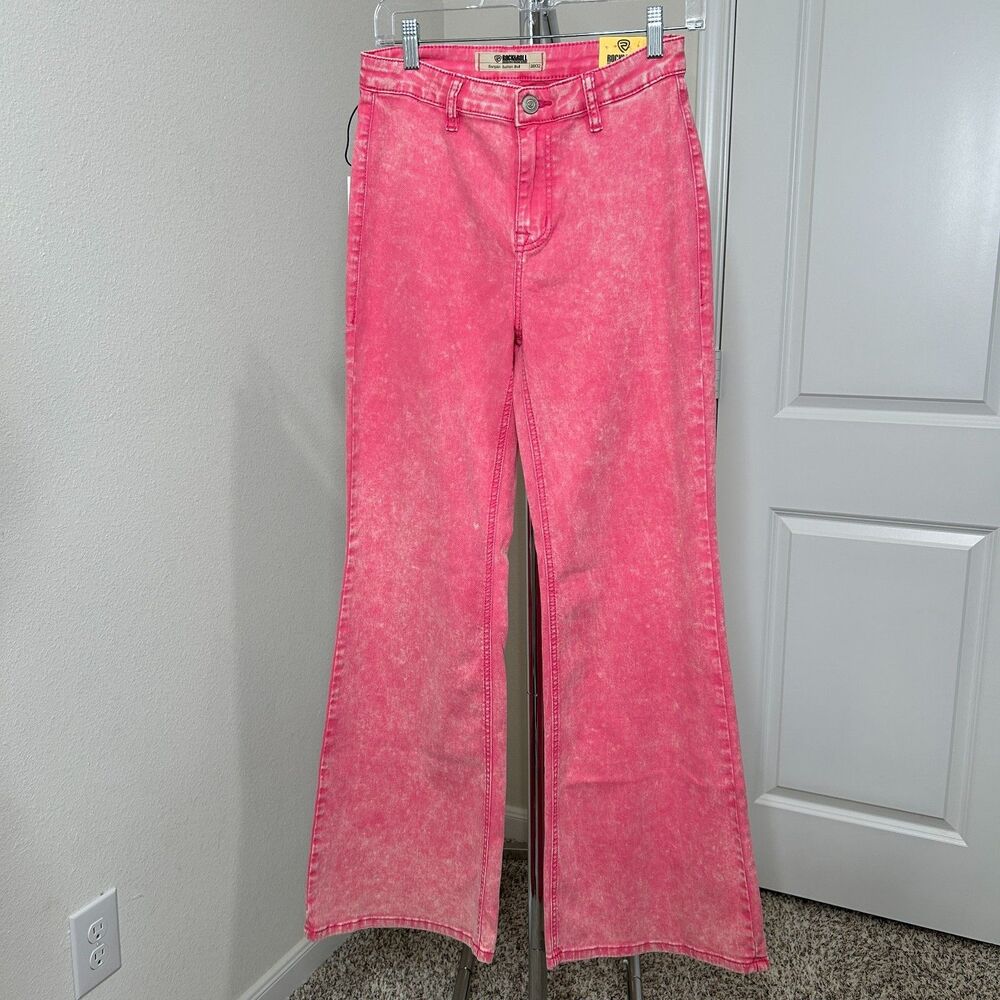Rock & Roll Denim Bargain Button Bell Jeans Pink Acid Wash High Rise Flare 28